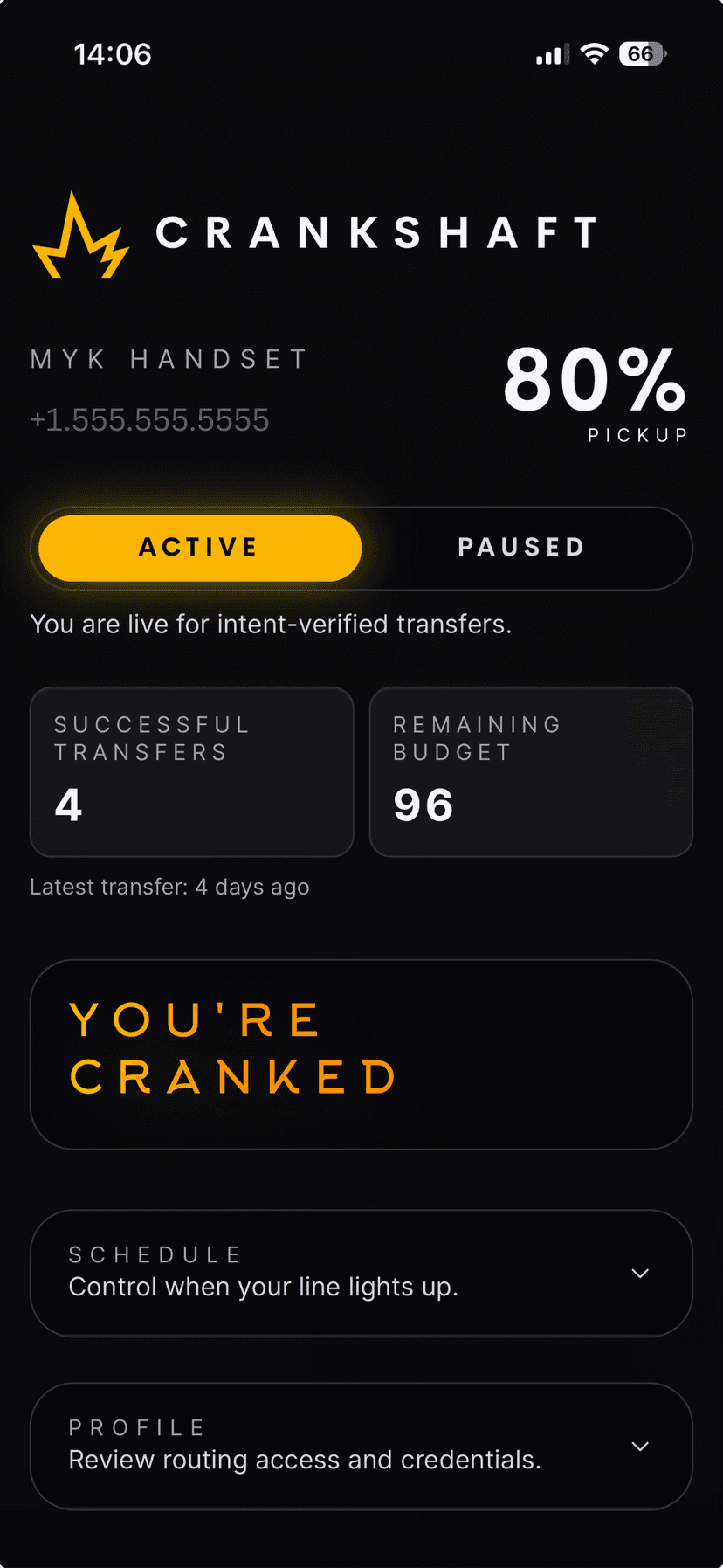 Crankshaft app — you are live for intent-verified transfers